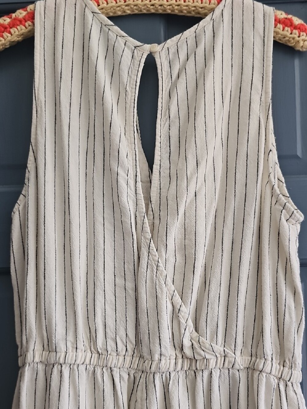 Old Navy Ivory Pinstripe Sleeveless Jumpsuit Embroidered Placket Bohemian Large - Picture 7 of 10